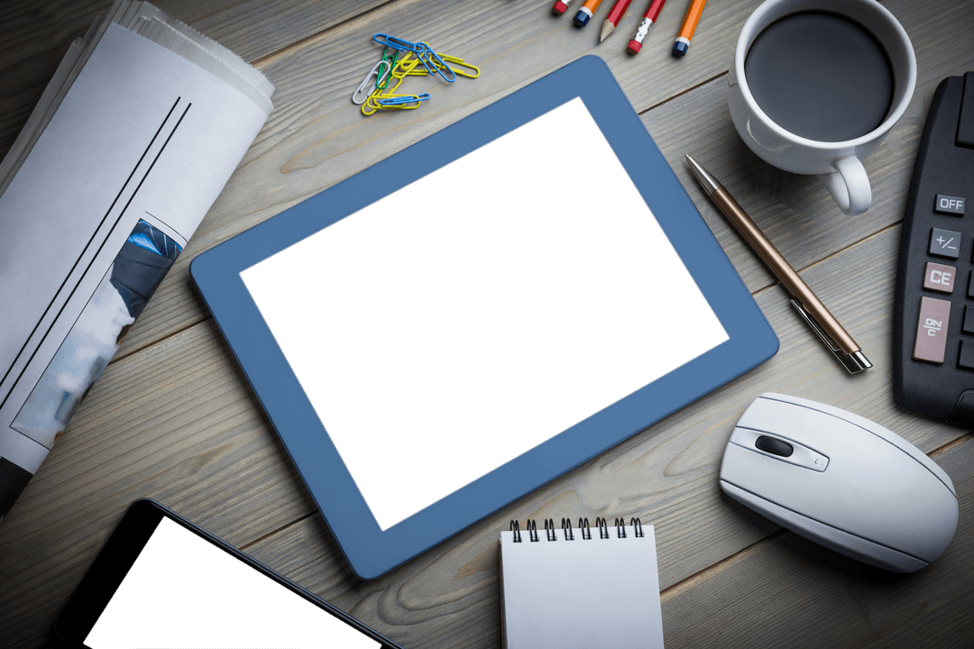 Transparent Desk with Tablet and Gadgets for Office Mockup Design