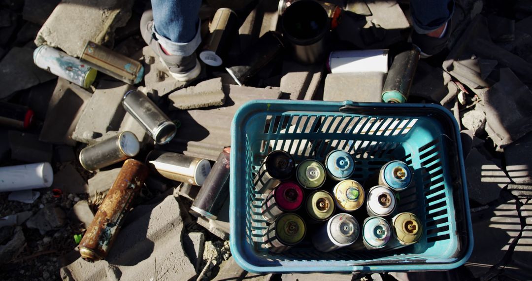 Colorful Spray Paint Cans in Plastic Basket on Ground with Rubble - Free Images, Stock Photos and Pictures on Pikwizard.com