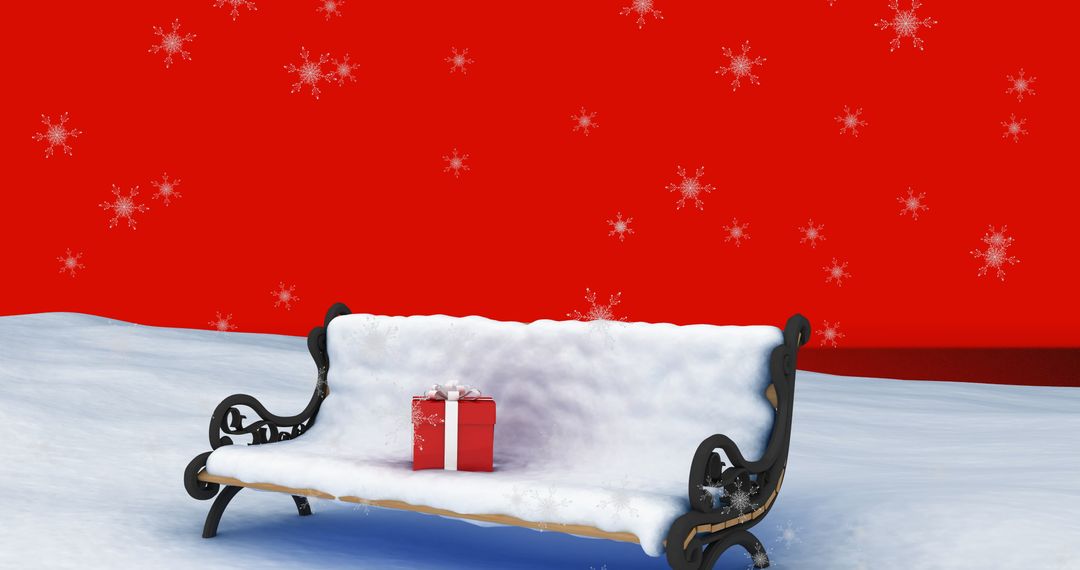 Red Christmas Present on Snowy Bench with Falling Snowflakes - Free Images, Stock Photos and Pictures on Pikwizard.com