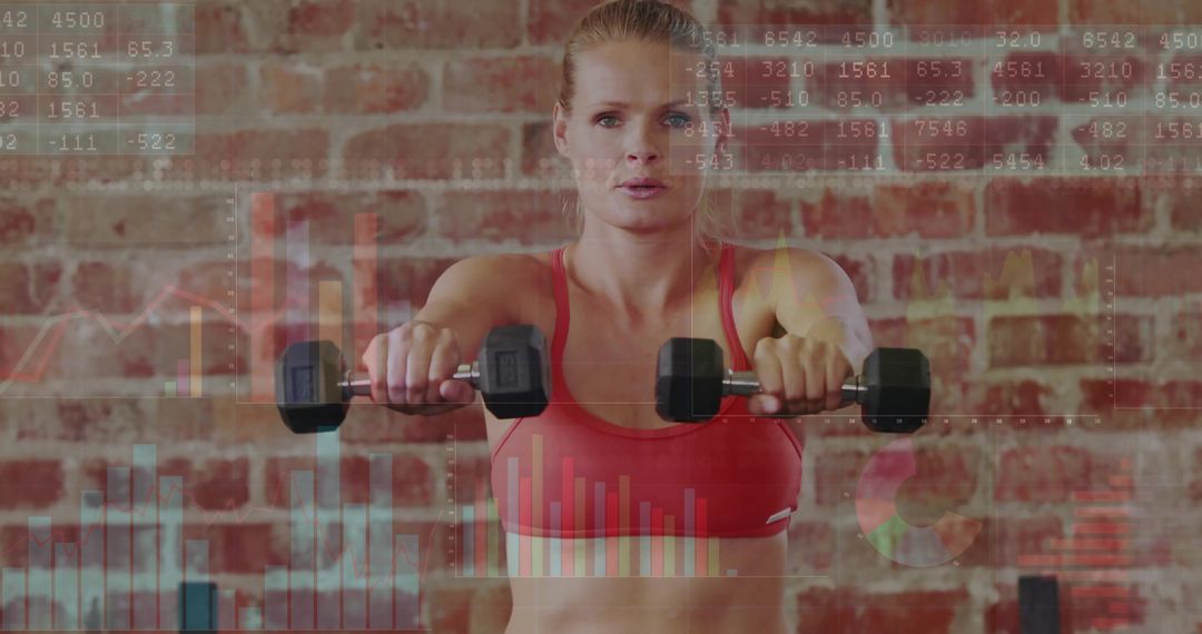 Confident Woman Lifting Dumbbells with Digital Analytics Overlay