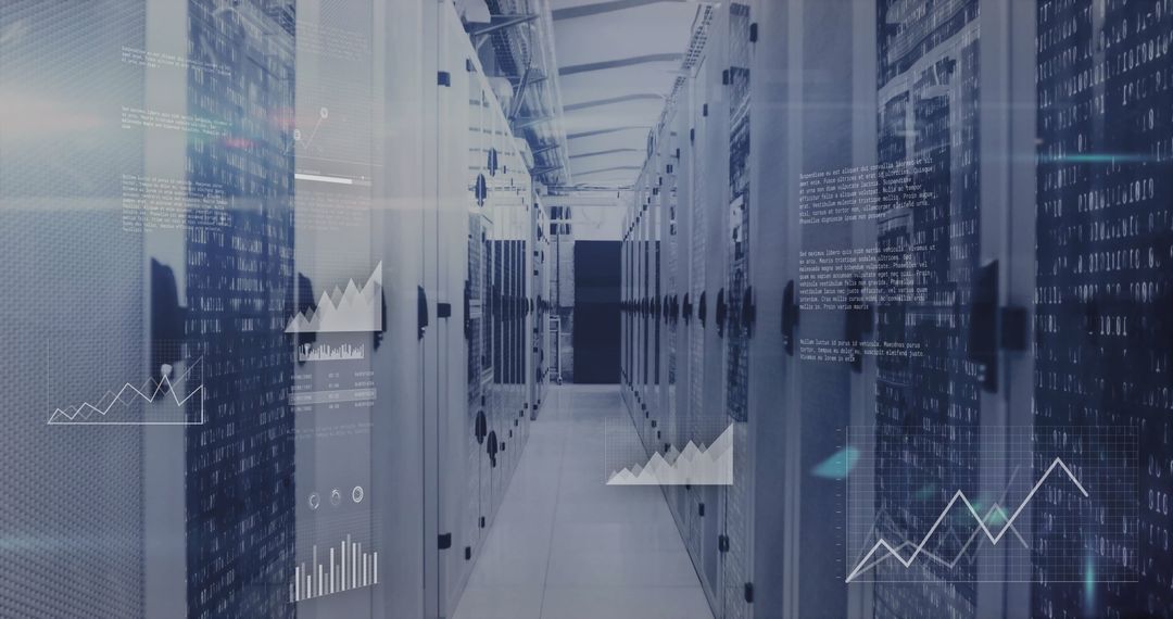 Data Center Aisle with Blinking LEDs and Digital Overlays