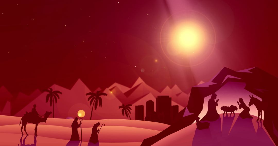 Digital Nativity Scene with Glowing Sun and Figures