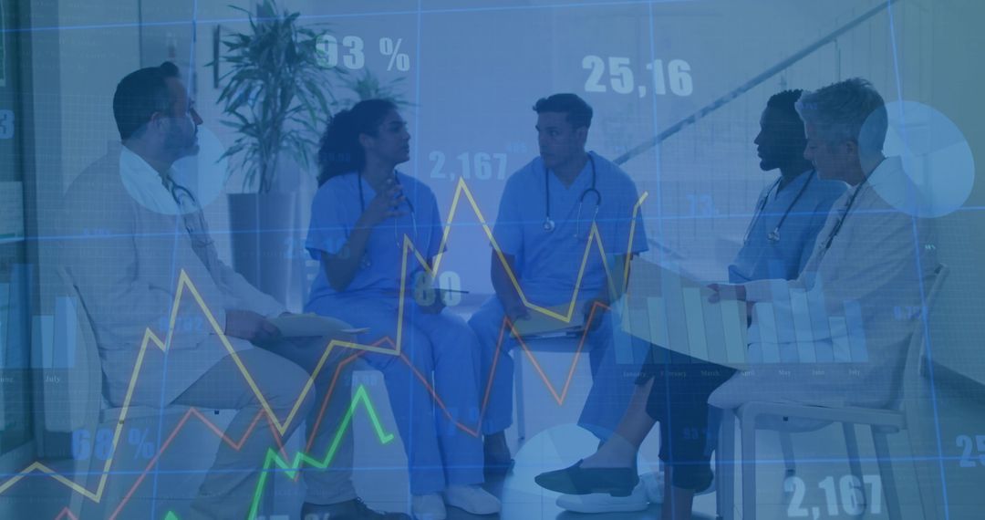 Medical Team Discussing Patient Data with Statistics Overlay