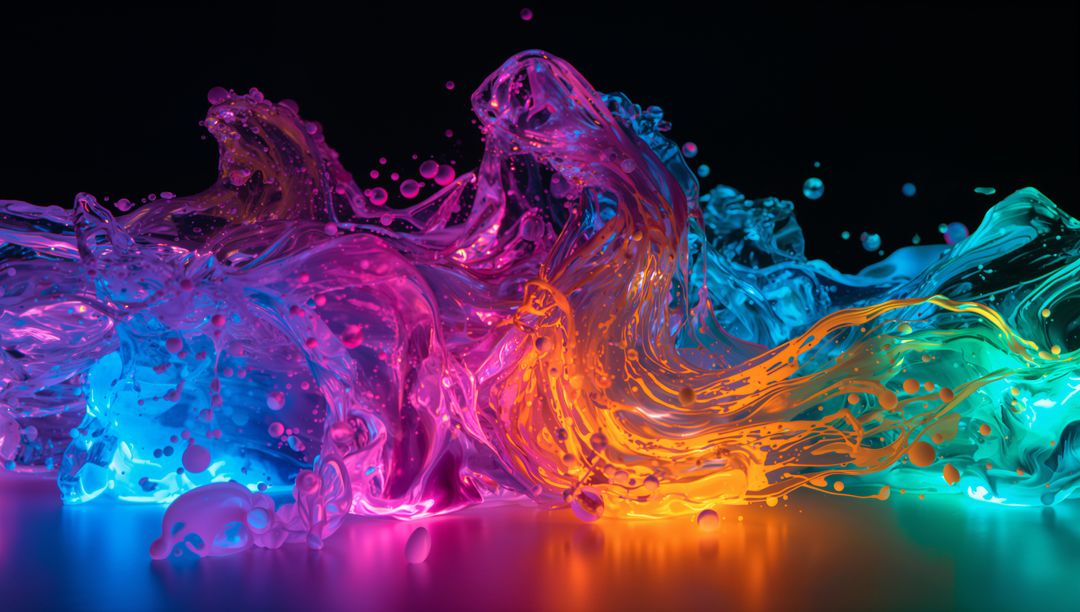 Flowing Neon Liquid Waves Forming Multicolor Arches with Droplets and Glossy Reflections