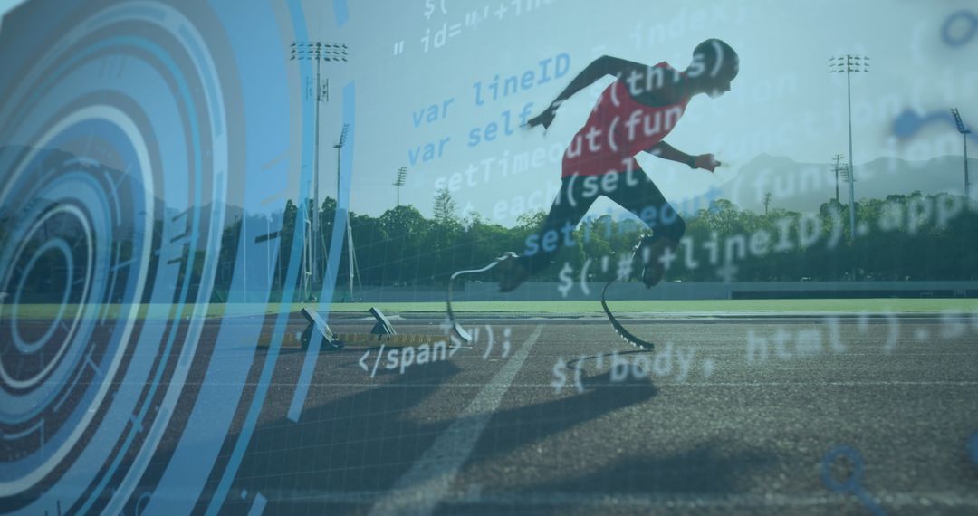 Paralympic Runner In Action with Digital Data Overlay