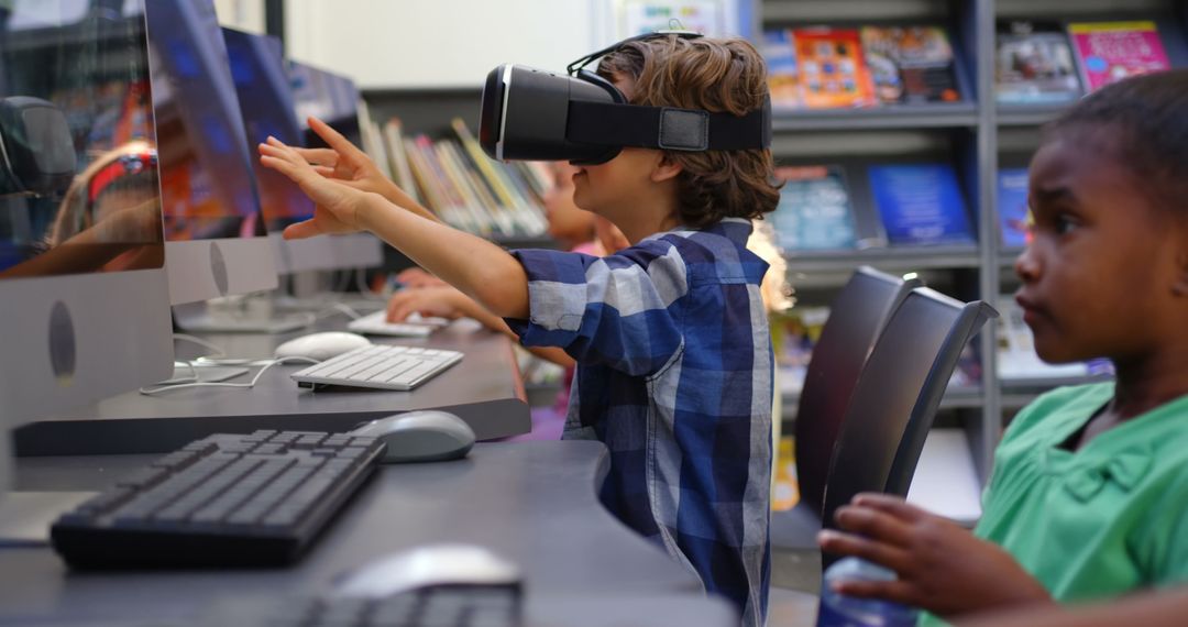 Schoolchildren Using VR Headset and Computers in Classroom