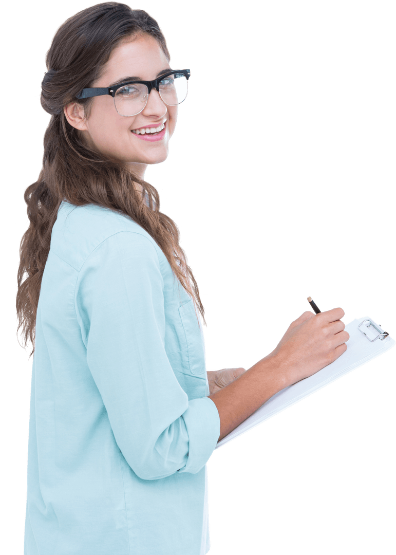 Smiling Young Woman with Clipboard on Transparent Background