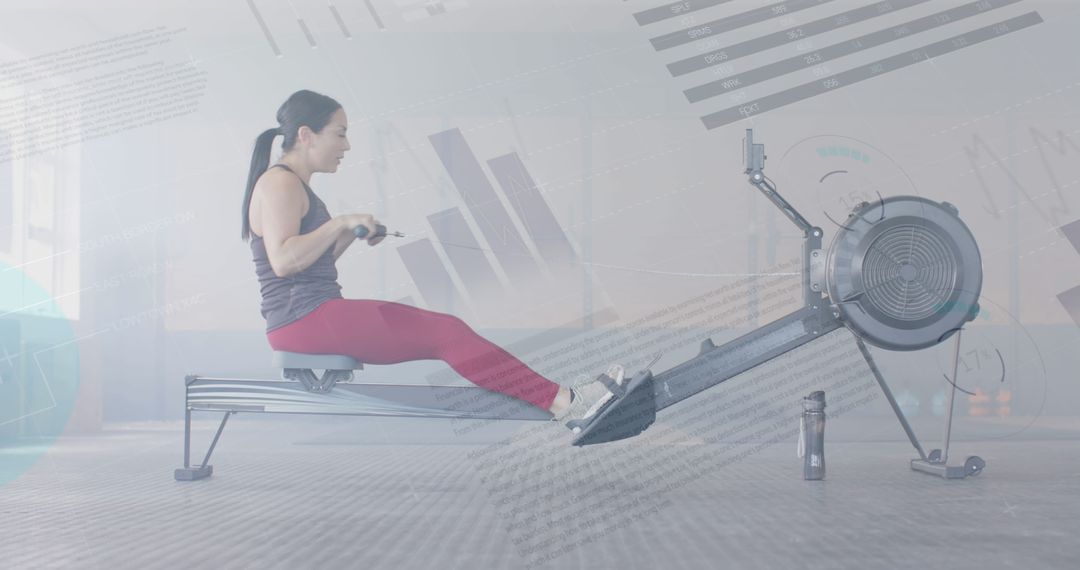 Caucasian Woman Using Rowing Machine with Data Overlay