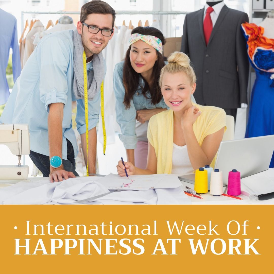 Portrait of multiracial fashion designers working with international week of happiness at work text - Download Free Stock Templates Pikwizard.com