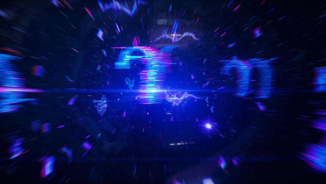 Glitchy Neon Question Mark in Digital Cosmic Space