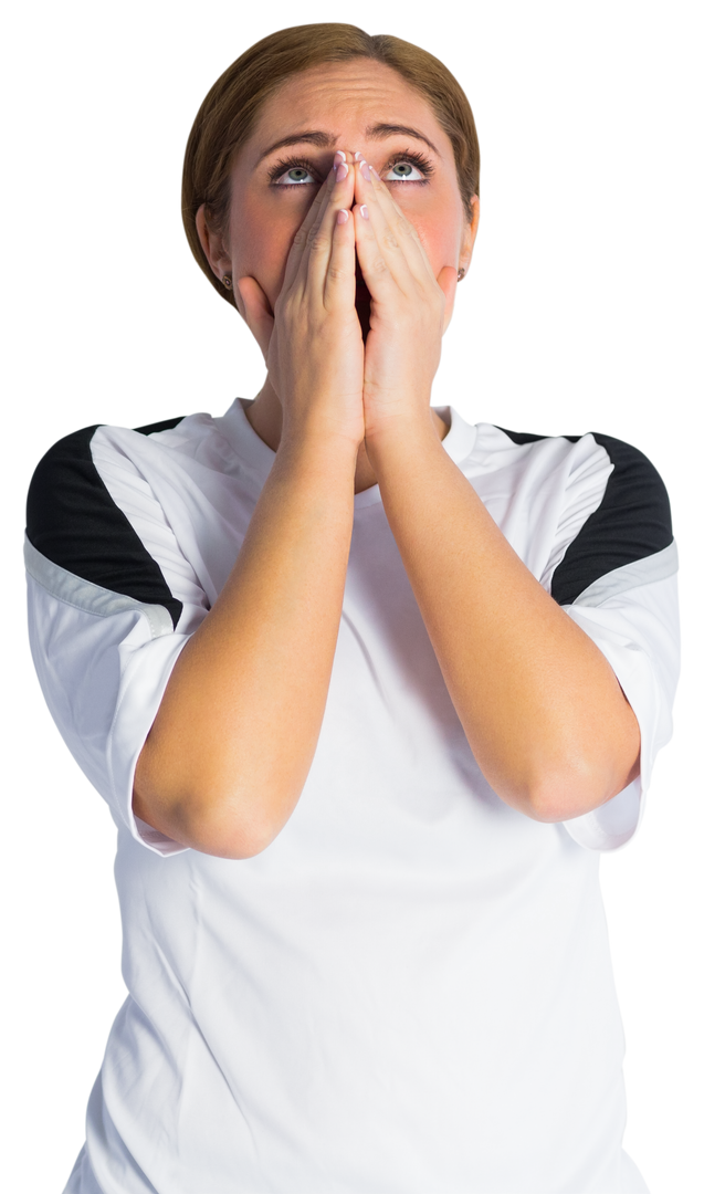 Transparent image of nervous female football fan covering mouth with hands - Download Free Stock Images Pikwizard.com