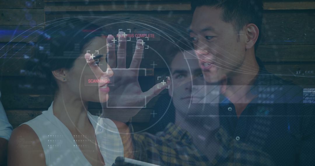 Innovative Colleagues Conducting Biometric Analysis on Holographic Interface