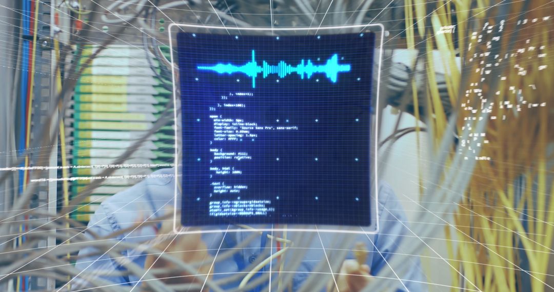 IT Engineer Fixing Server Cables with Digital Data Overlay