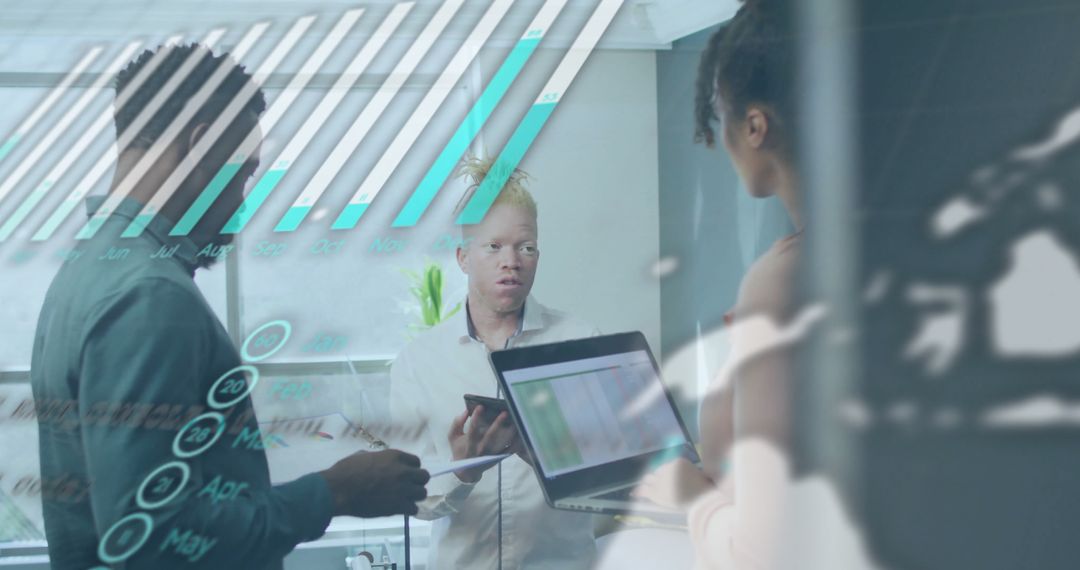 Team Analyzing Data on Transparent Interface in Modern Office