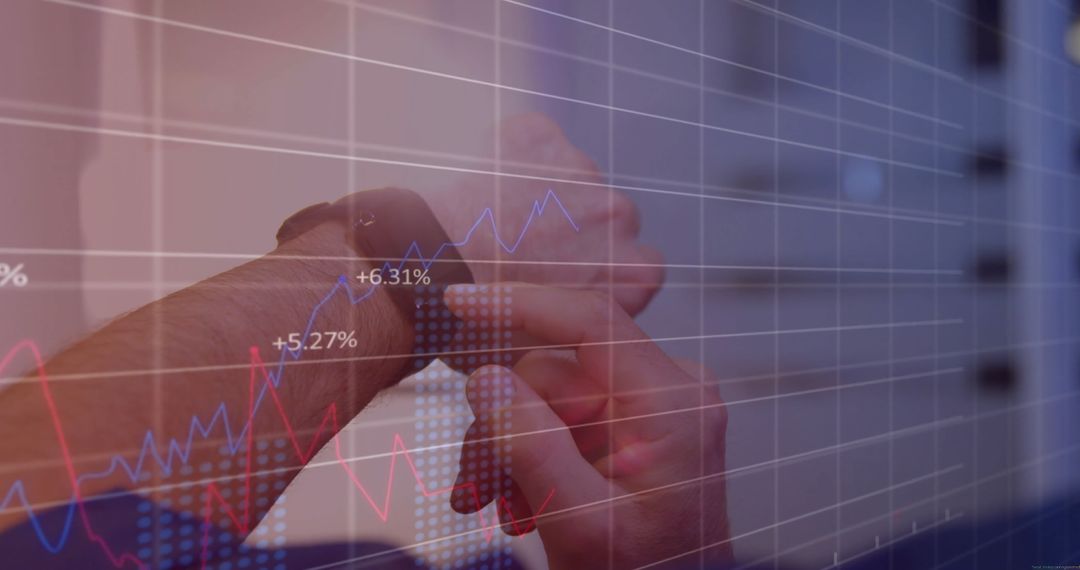 Man Uses Smartwatch with Financial Data Overlay