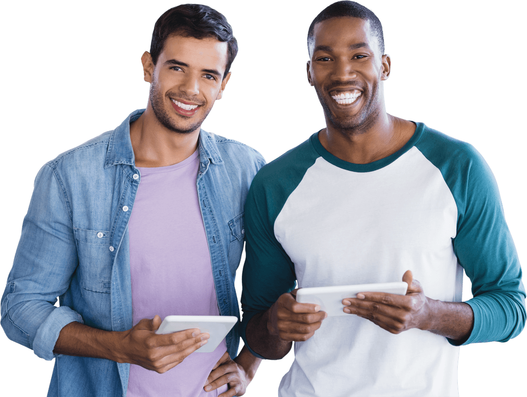 Smiling Businessmen Using Tablets on Transparent Background