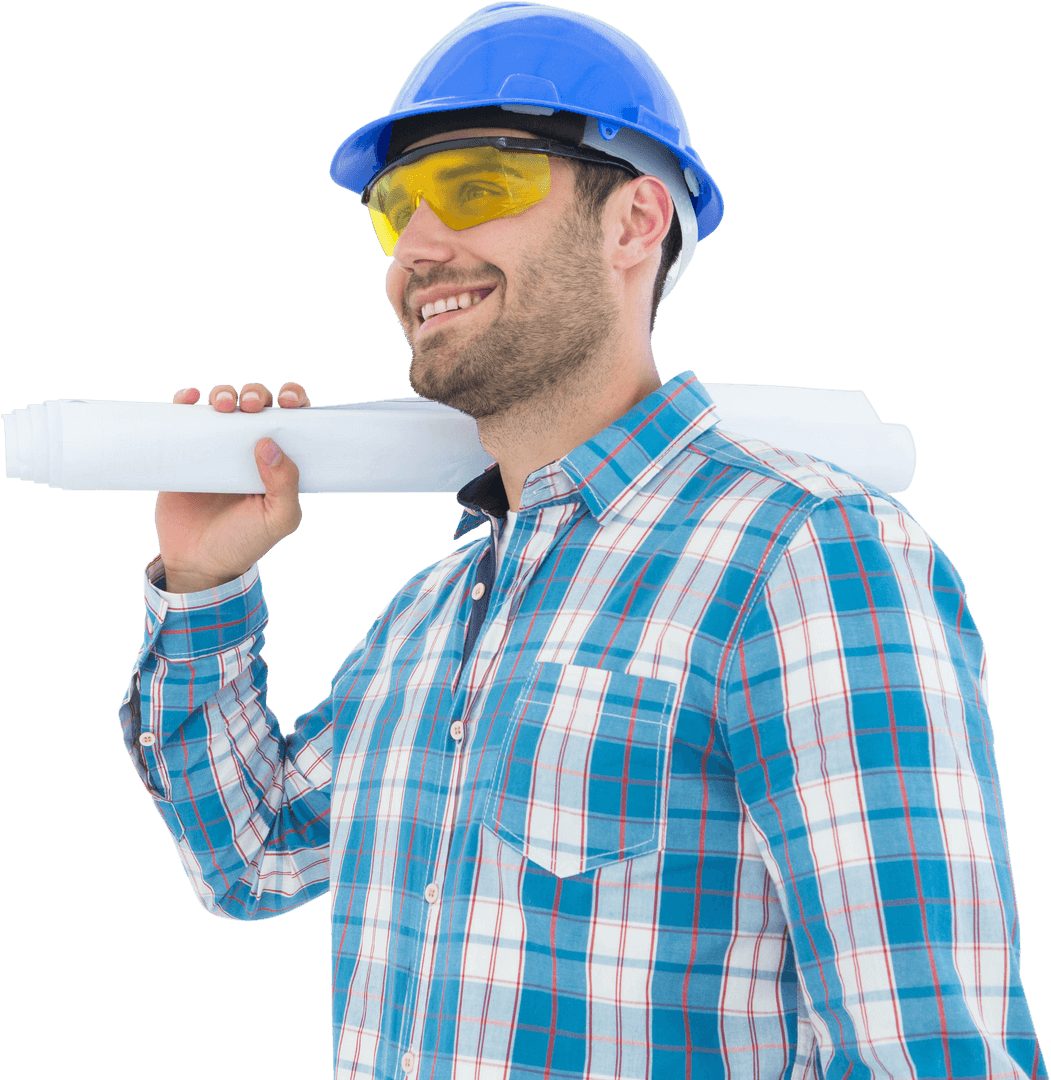 Transparent Architect with Blueprint Wearing Safety Gear Smiling