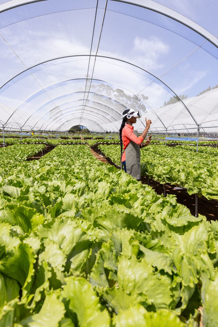 Woman in Greenhouse Using VR for Sustainable Agriculture