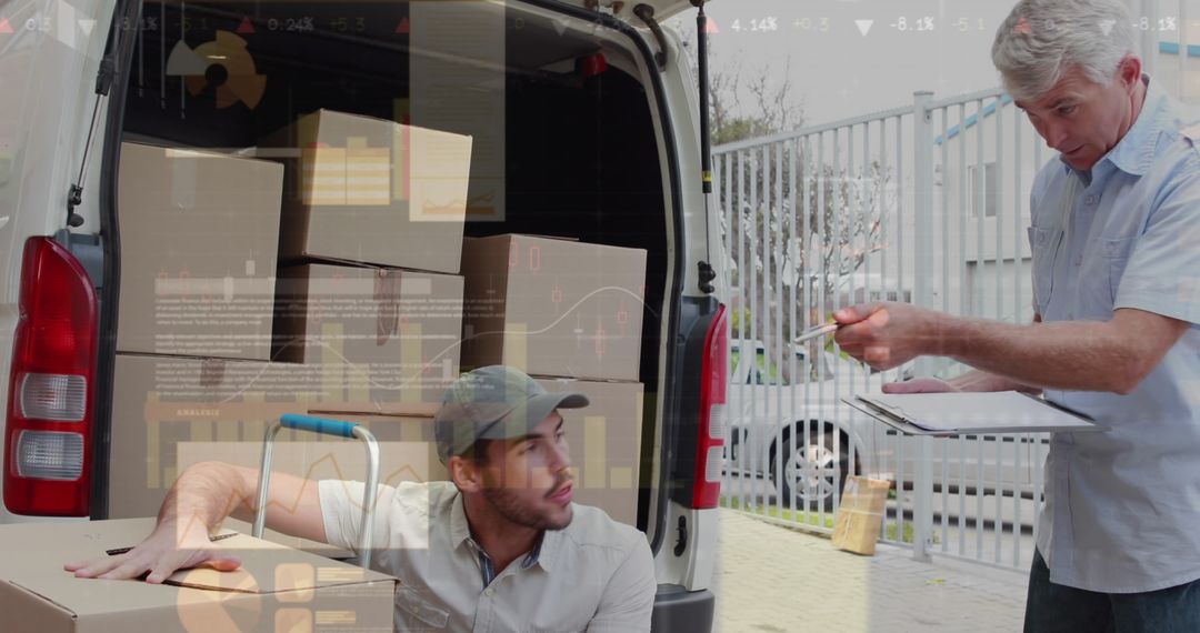 Man Packing Boxes with Overlay of Global Shipping Data