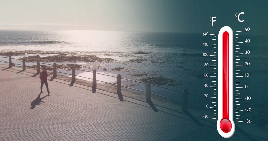 Digital Thermometer Over Coastal Path with Jogger Amid Ocean View