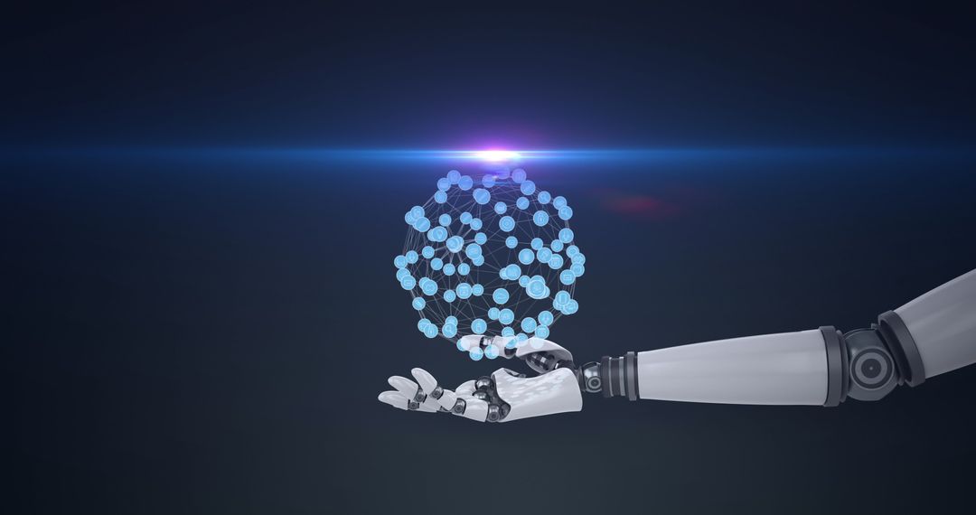 Robot Arm Holding Network Sphere, Blue Light Concept