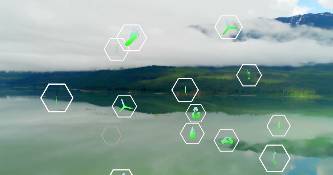 Mountain lake with eco icons reflecting conservation