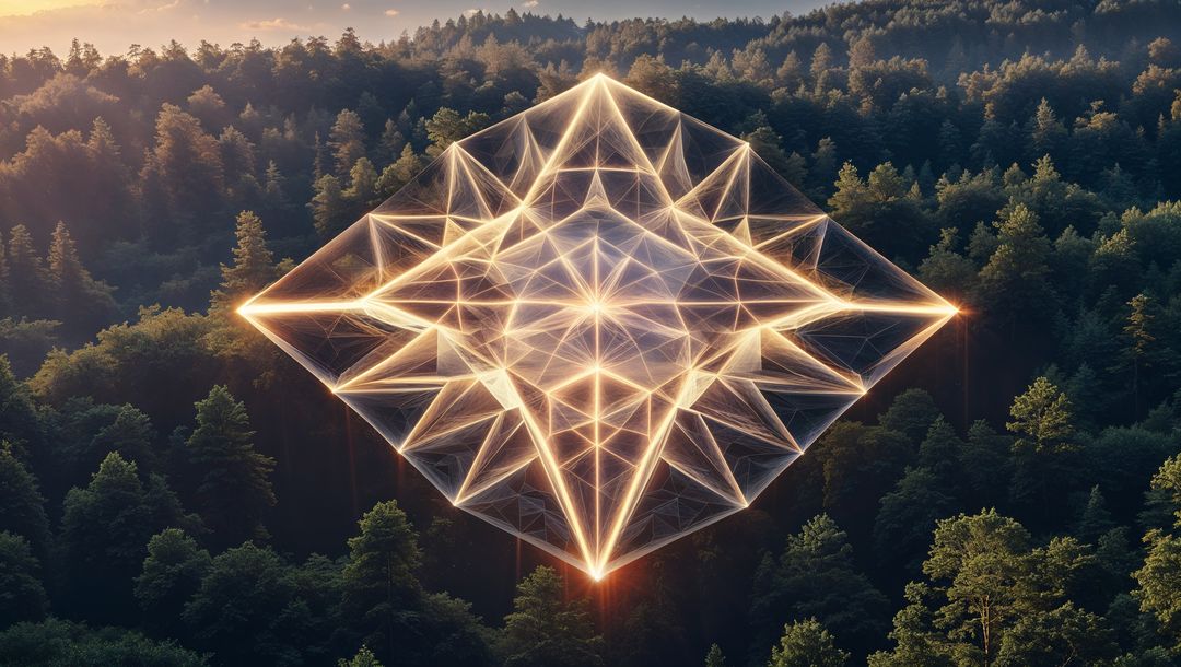 Glowing Geometric Polyhedron Above Forest at Dusk