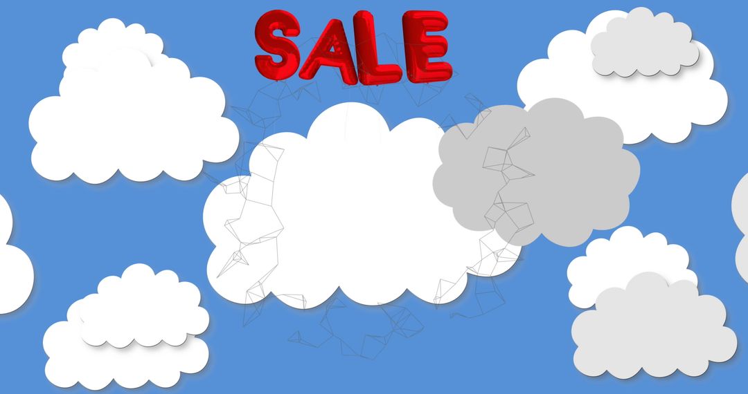Red Balloon Sale Text with Cartoon Clouds on Blue Background