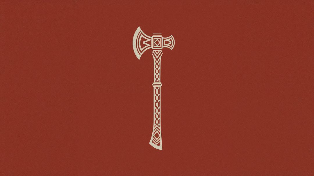 Ornamental Ax Icon on Reddish-Brown Background with Geometric Knotwork