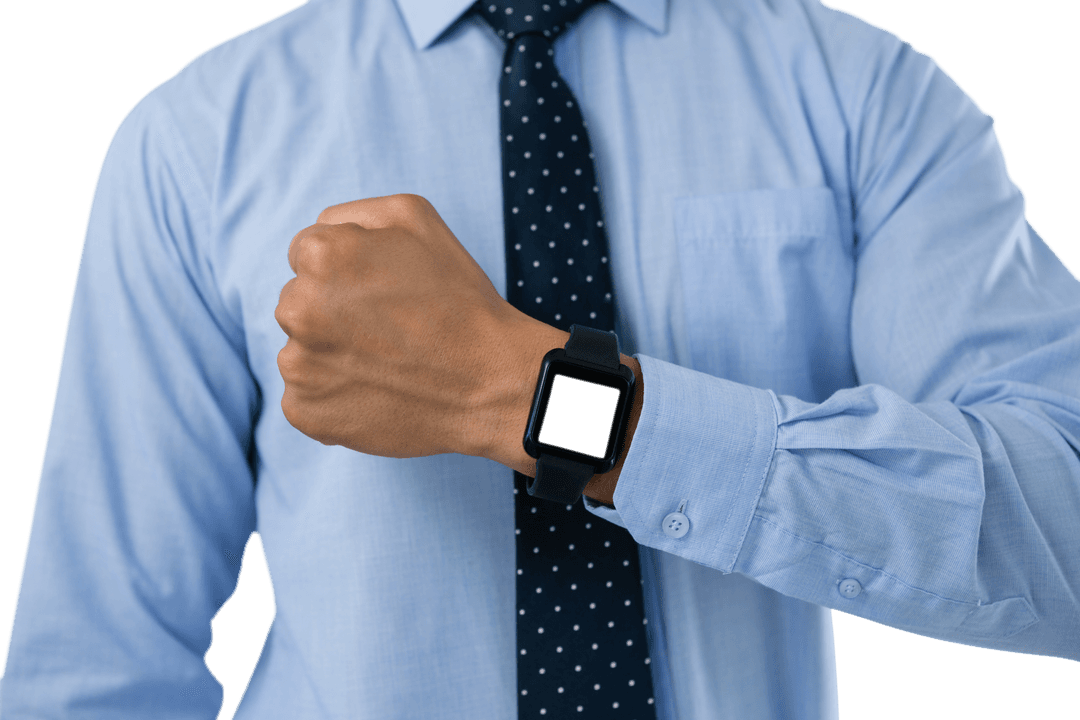 Businessman Standing with Necktie and Transparent Smartwatch Focus