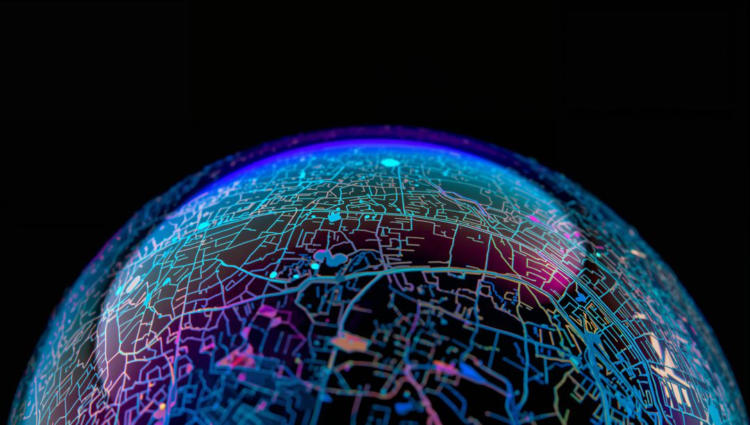Glowing Translucent Orb Revealing Neon City Map Network with Luminous Nodes