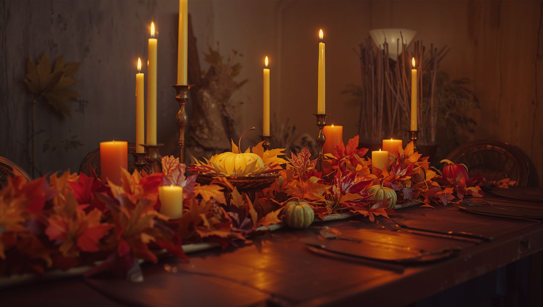 Cozy Autumn Centerpiece with Candles and Pumpkins on Wooden Table