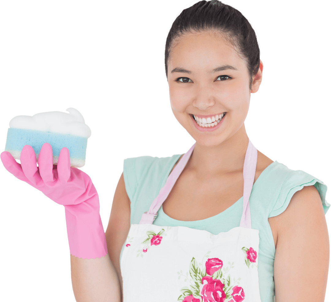 Happy Woman Holding Foam Sponge on Transparent Background