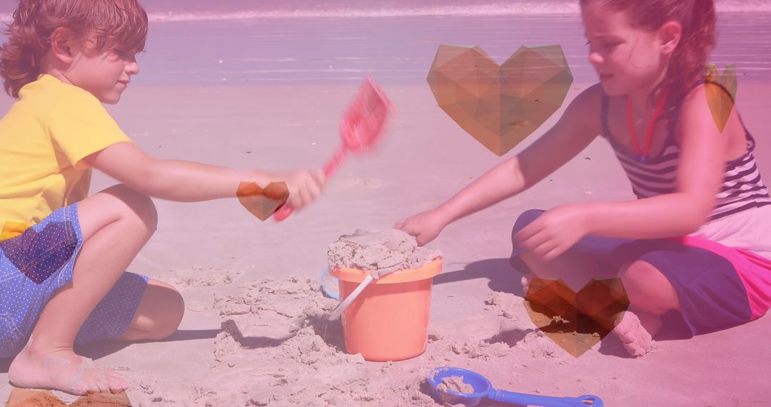 Siblings Building Sandcastles at Sunny Beach with Heart Motifs