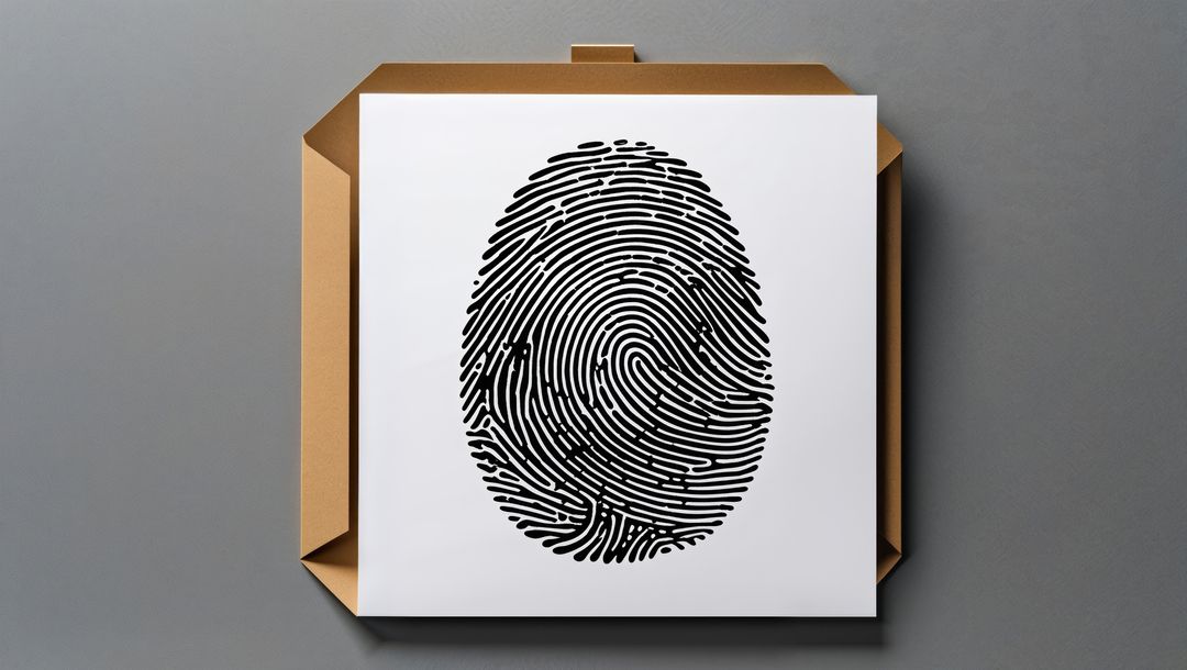 Black fingerprint display on white panel with brown envelope, criminal record identification concept