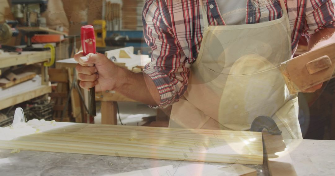 Caucasian Carpenter Crafting in Workshop with Digital Overlay Concept