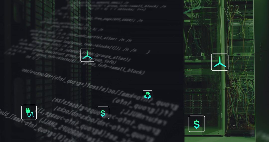 Digital Eco Icons Over Servers Symbolizing Sustainability in Data Processing