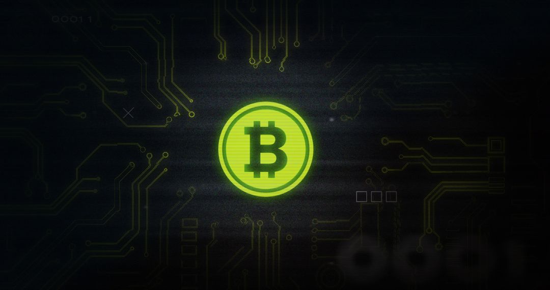 Glowing Bitcoin Symbol on Digital Circuit Board Background