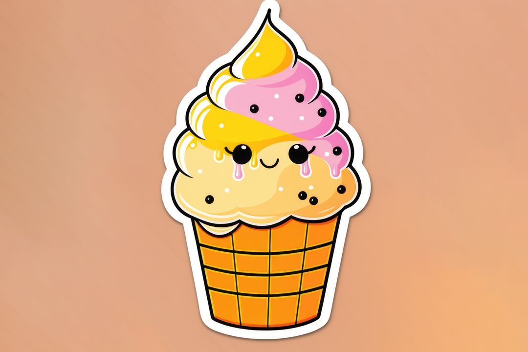 Composition of colorful kawaii cartoon ice-cream sticker on beige background - Free Images, Stock Photos and Pictures on Pikwizard.com