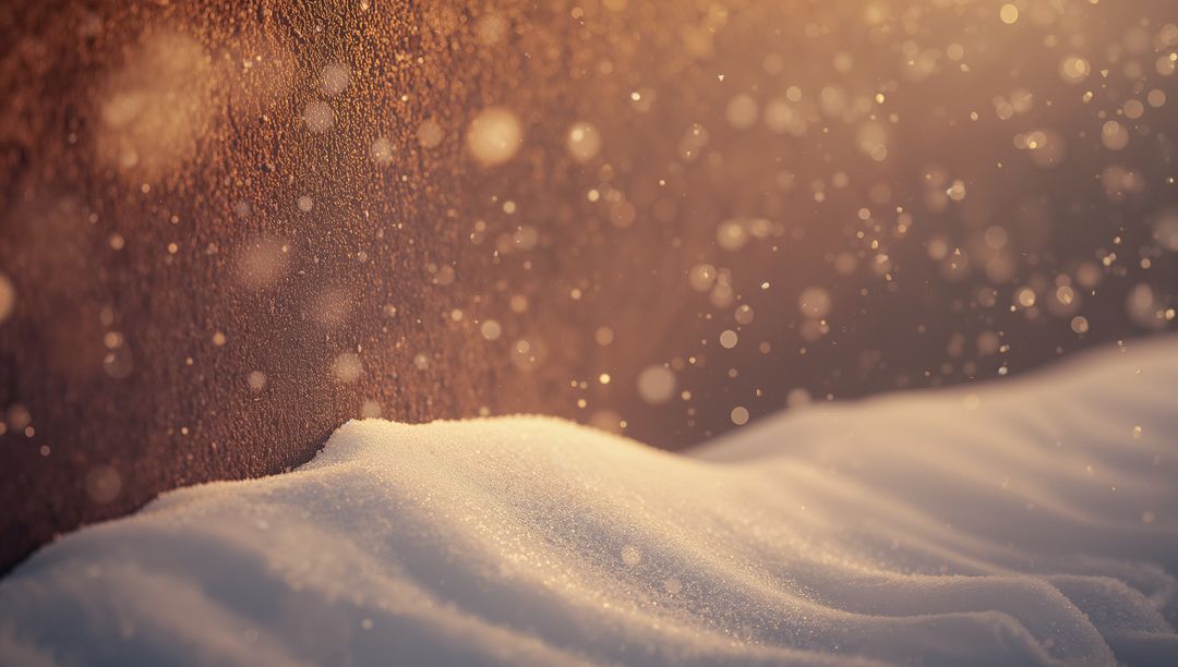 Backlit Snow Crystals Catching Warm Golden Light, Sparkling Powder and Frost Texture