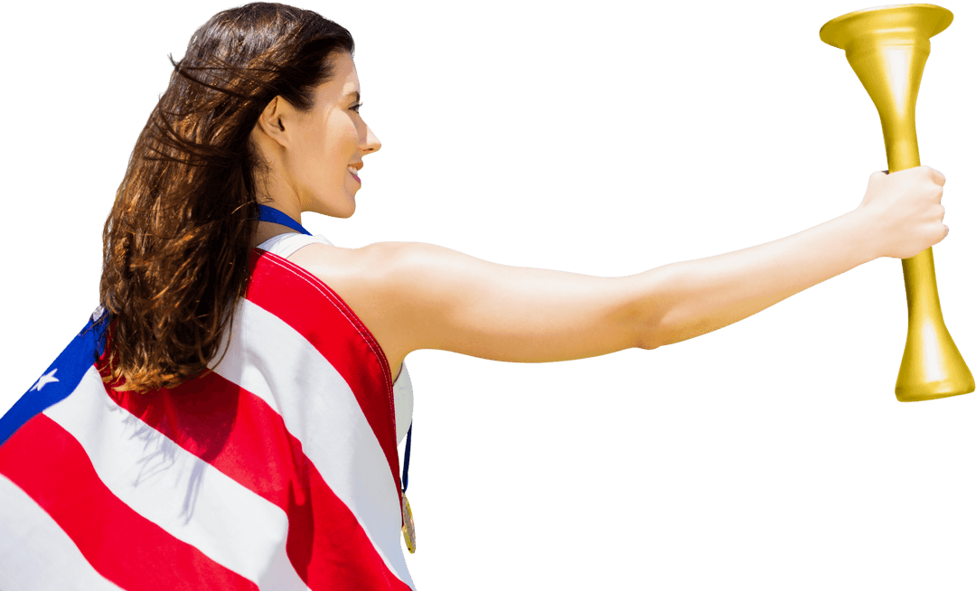Caucasian Sportswoman Holding Olympic Torch with Flags on Transparent Background
