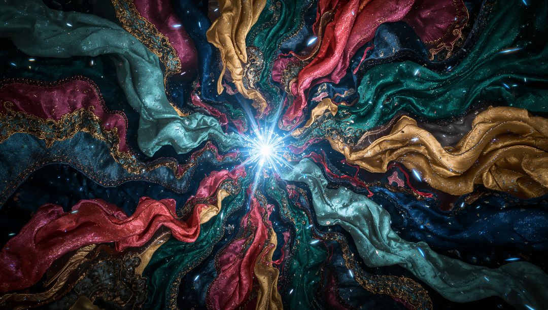 Radiating Starburst Streaming Silk Ribbons with Gold Trim and Glittering Cosmic Flow