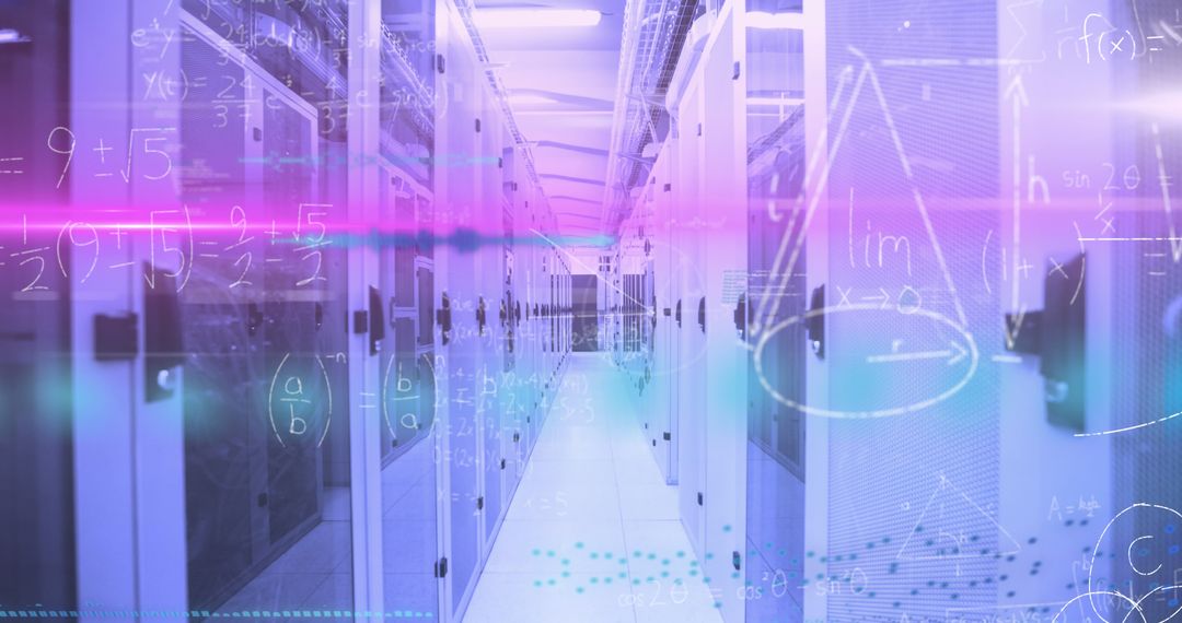 Abstract Overlay of Digital Calculations on Modern Server Room
