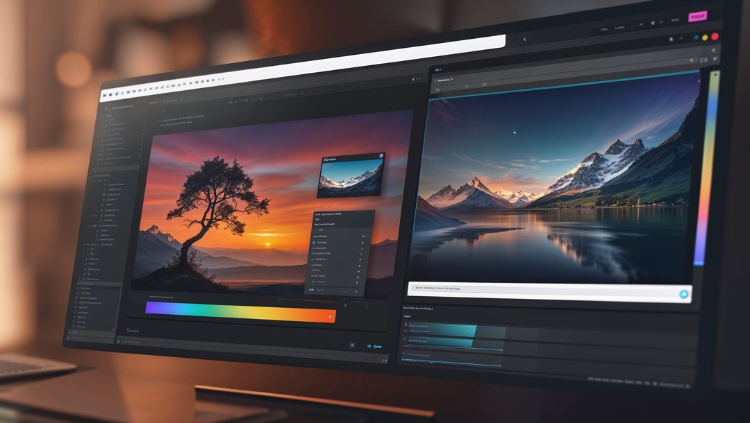 Widescreen Monitor Displaying Stunning Digital Art at Home Workspace