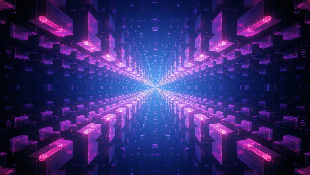 Neon Data Tunnel with Converging Translucent Blocks and Cyan Vanishing Point
