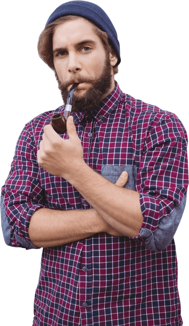 Hipster Wearing a Beanie and Plaid Shirt Smoking Pipe Transparent Background