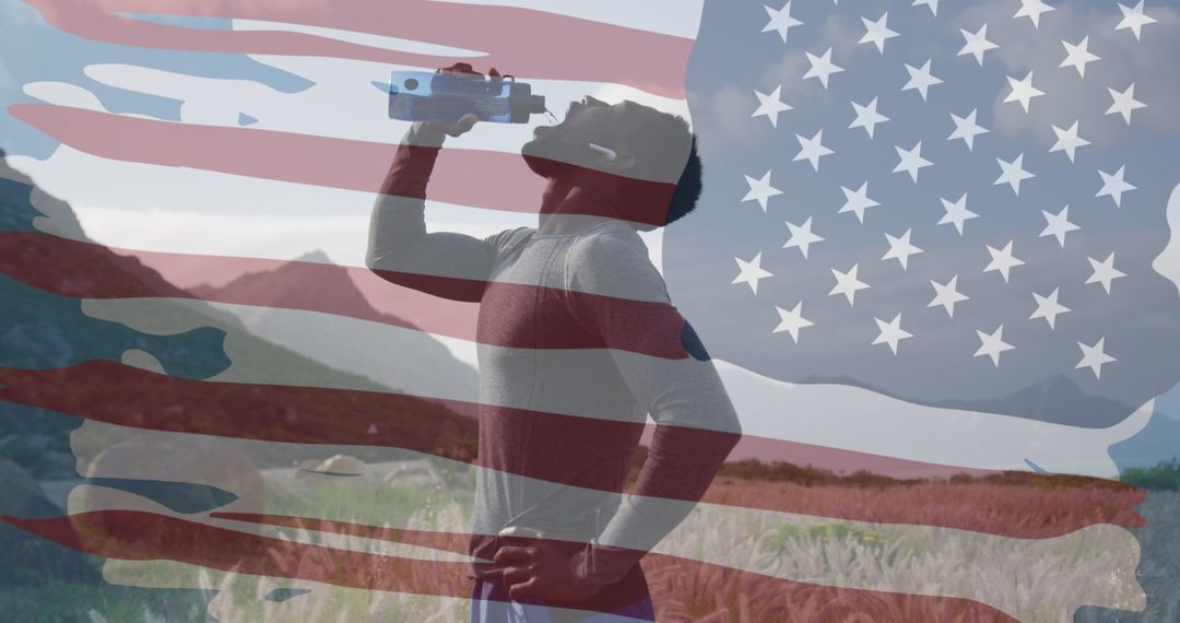 Man Drinking Water Overlayed with American Flag in Mountains