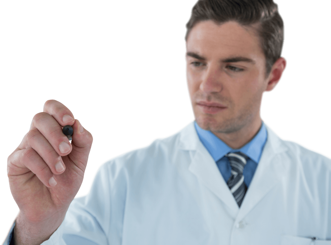 Scientist Writing on Transparent Virtual Screen