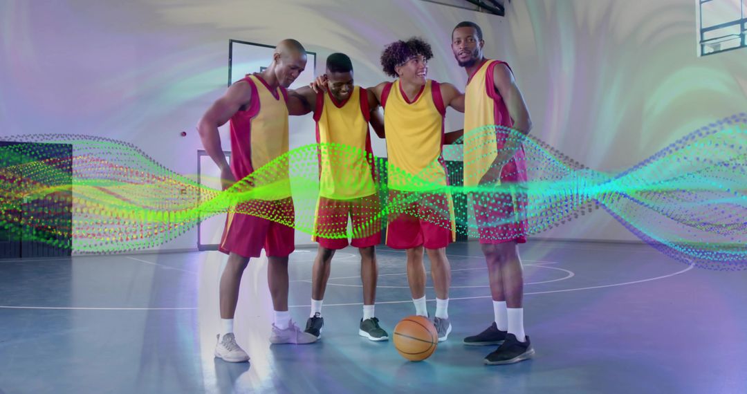 Athletes Huddling on Basketball Court with Digital Effects