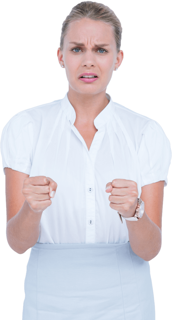 Transparent Concerned Businesswoman with Clenched Hands
